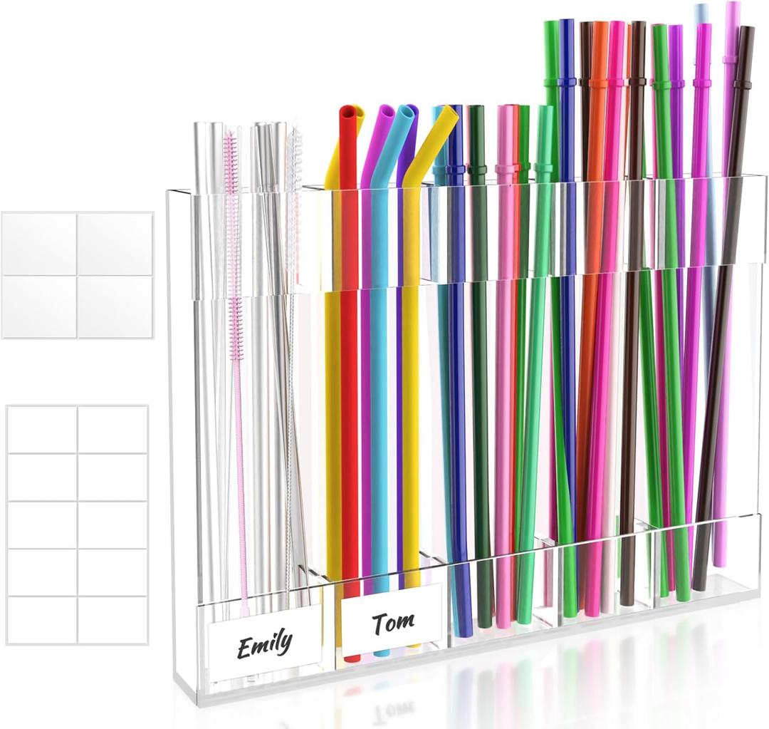 9.8 Large Acrylic Straw Holder for Cabinet Door with Ultra Sticky Adhesive Squares and Stickers, 2025 Reusable Straws Organizer Storage Dispenser for Kitchen Counter Cupboard(Transparent)