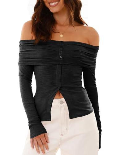 Cicy Bell Womens Off The Shoulder Tops Cute Long Sleeve Slim Fit Ribbed Ruched Shirt 2024 Fall Y2k Clothes Black, Size M