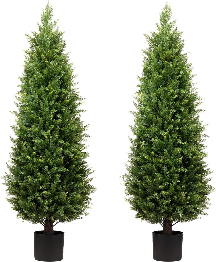 4ft Artificial Cedar Trees Artificial Topiary Trees Set of 2 Faux Cypress Plants UV Resistant Potted Bushes Faux Shrubs for Outdoor Indoor Front Porch Garden