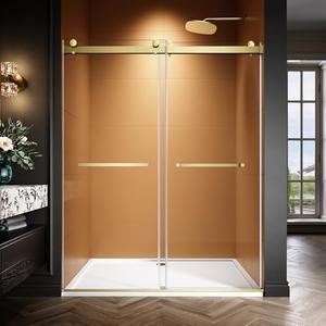 44-48" W x 76" H Frameless Double Sliding Glass Shower Door, 5/16" (8mm) Clear Tempered Glass with Explosion-Proof Film, Bypass Sliding Shower Door for Bathroom (Brushed Gold, 48" W x 76" H)