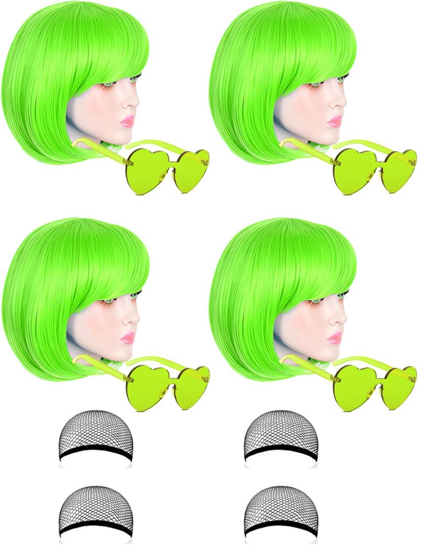 4 Pack Colored Wigs Neon Colorful Wig Short Bob Hair Wig Neon Fun Party Wig Costume Wigs with Heart Sunglasses (Green)