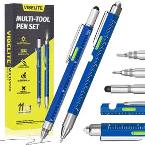 VIBELITE 11 in 1 Multitool Pen Set with LED, Stylus, Level, Screwdriver, Flathead, Valentines Day Gifts for Him, Men, Teen Boys, Husband, Women, Mens Gifts from Daughter, Wife, Son, Blue, 2 Pack