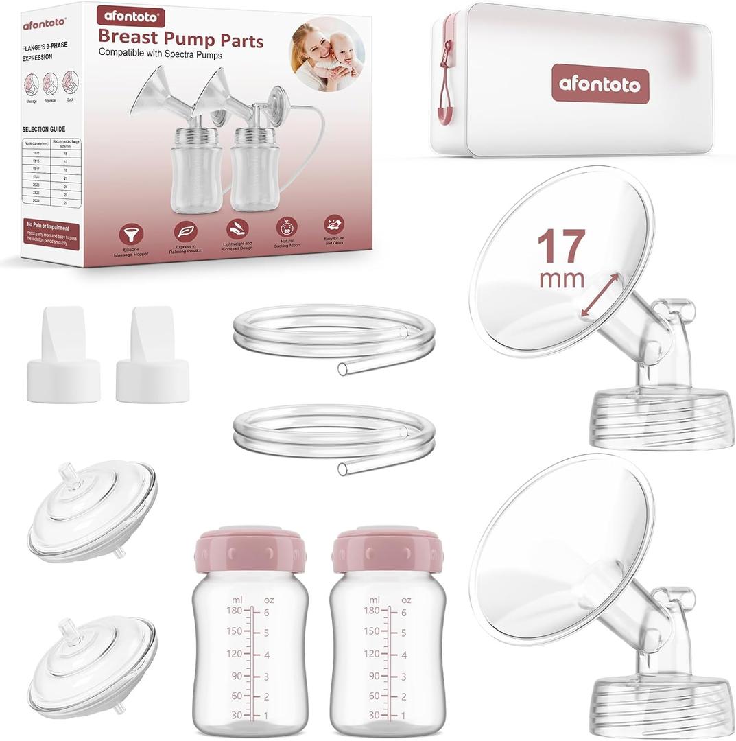 Pump Parts Compatible with Spectra S1/S2/9Plus Breastpump, Full Set Replacement Parts for Spectra Include 17mm Flange,Duckbill Valve,Backflow Protector,Tube,Bottle, Not Original Accessories