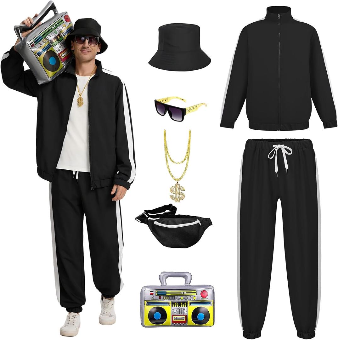 Retro 80s 90s Outfit for Men - Vintage 80s Halloween Costumes for Men-Tracksuit Set with Hip-Hop Accessories, Large