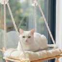 Cat Window Perch with Industrial-Grade Suction Cups - Solid Pine Wood Hammock Bed, Soft Cushion - 42 lb Capacity for Cats Inside (Medium, Beige)