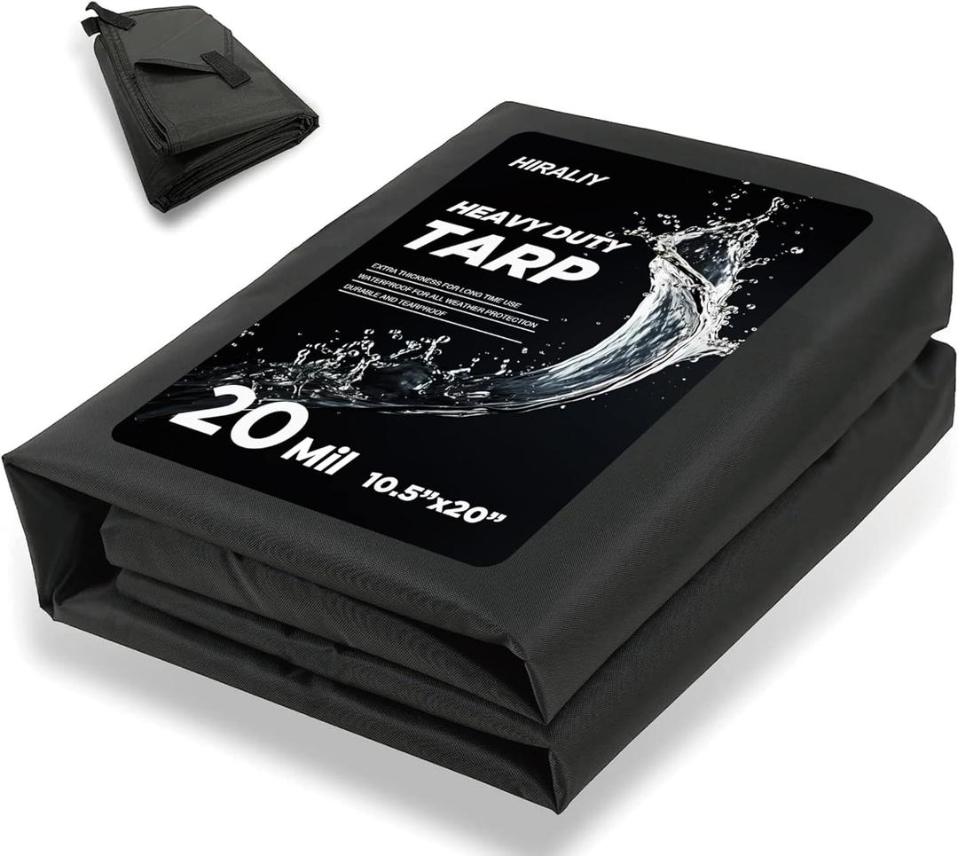 HIRALIY 20 Mil Heavy Duty Waterproof Tarp, 10.5x20ft Black Tarpaulin with Reinforced Webbing Loops, Multipurpose Oxford Canvas Tarp for Firewood, Roof, Camping, Pool