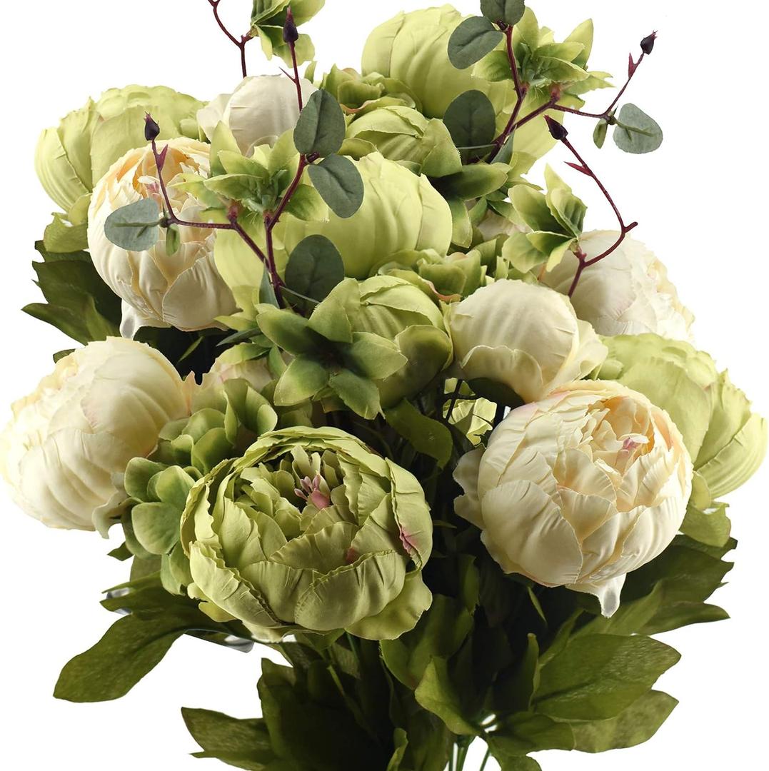 FiveSeasonStuff Artificial Peony Bouquets, 2 Cream Beige & Moss Green Silk Flower Bundles for Wedding Centerpieces & Home Decor  Vintage Peonies