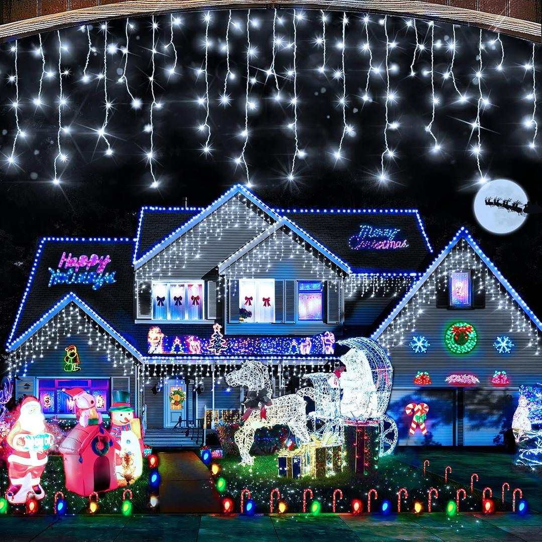 Hezbjiti Christmas Lights Outdoor , 400LED 33FT LED Icicle Lights 8 Modes 75 Drops Fairy String Lights for Christmas Decor Eaves Party Yard Garden (Cold White)