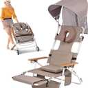 Heavy Duty 5-in-1 Padded Beach Tanning Chair with Face Hole, Wheels, Canopy Shade, Adjustable Backrest & Footrest, Folding Reclining Lay Flat Beach Lounger for Adults Reading Sunbathing Poolside, 2 ft 4.1 in x 2 ft 2.1 in x 1 ft