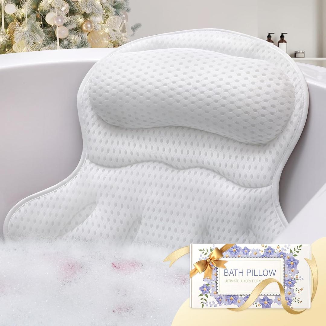 Bath Pillow Luxury Bathtub Pillow, Extra Soft & Comfortable Bath Pillows for Tub Head Neck and Back Support, with 4D Air Mesh Cushions & Non-Slip Suction Cups - Bath Accessories Spa Gifts for Women (White)