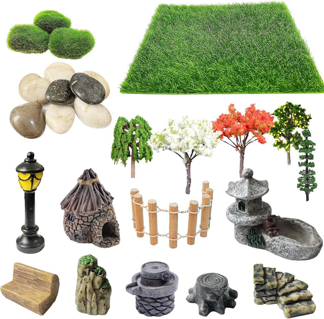 Cayway 26 PCS Outdoor Fairy Garden Miniatures Mini Zen Garden Accessories, Artificial Grass, Model Trees, Terrarium Ornaments, Dollhouse Supplies, Bonsai Decorative Craft Tools Kit