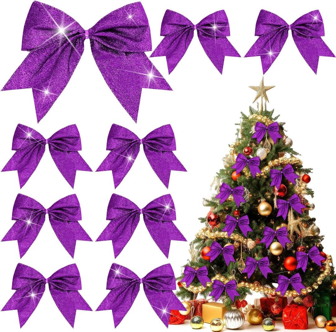 Cindeer 24 Pcs Purple Christmas Bow Decorations 6 x 6 Inches, Glitter Holiday Ornaments Sequin Ties Bows for Xmas Tree, Wreath, DIY Crafts, Gift Wrapping, Party Decor