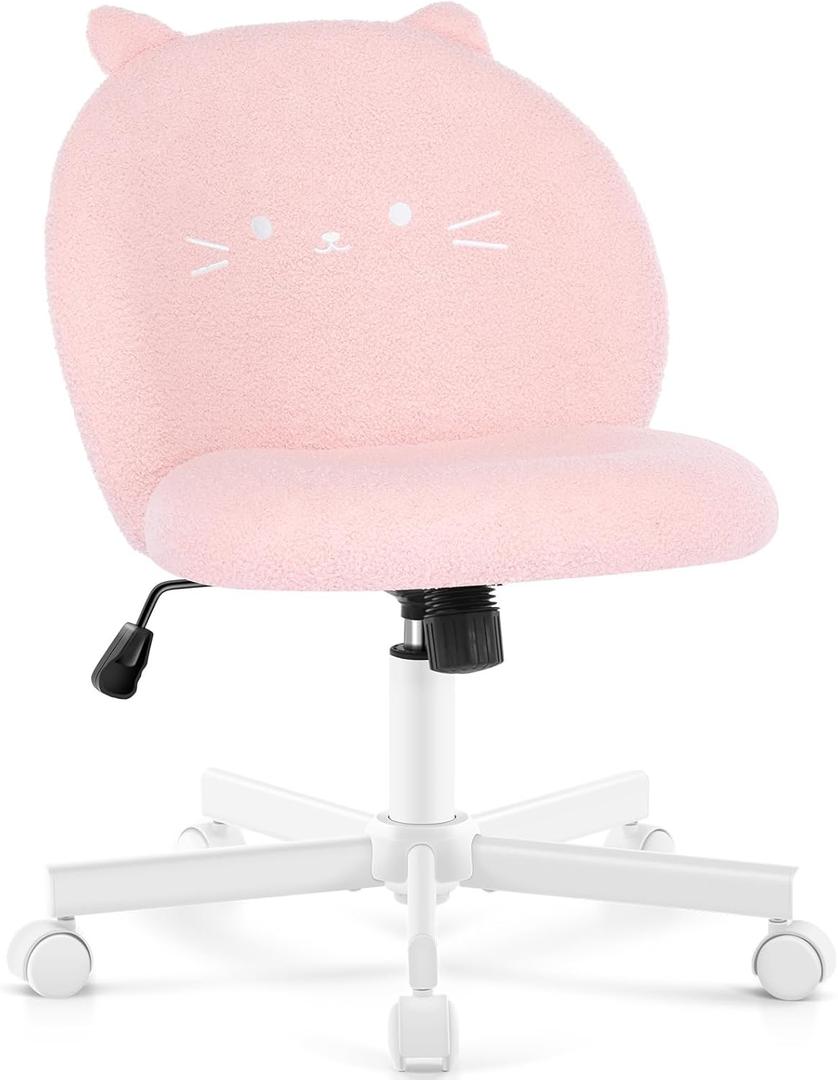 Vanity Chair with Cat Back,Armless Desk Chair Cute Small Office Chair,Teddy Fabric Computer Chair with Adjustable Height,120Tilting,Rolling,Swivel for Vanity,Kids Room,Office,Bedroom Pink
