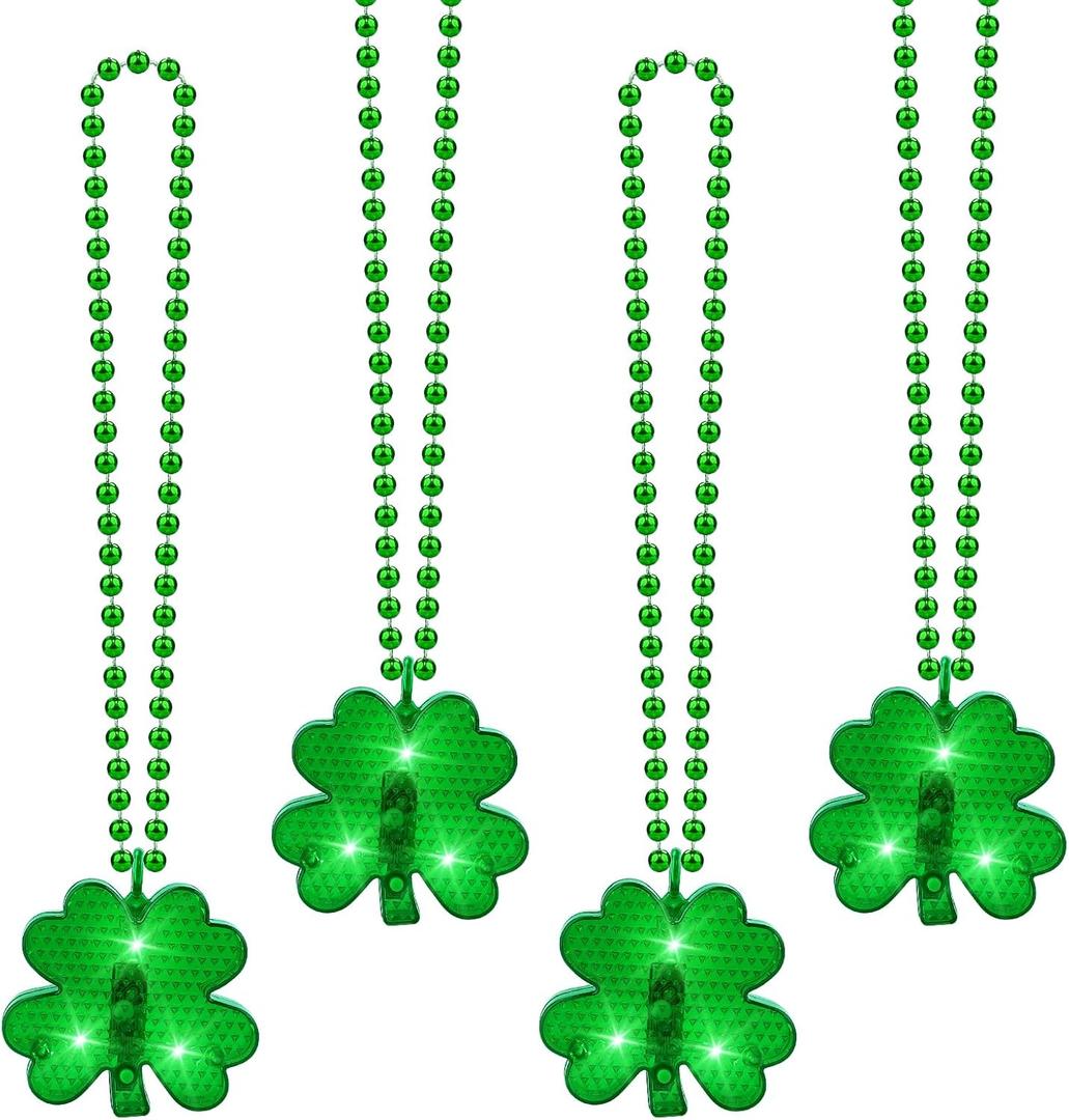 YAXINRUI 4pcs Light Up Shamrocks Beads Necklaces, St. Patrick's Day Accessories - Led Metallic Green Bead Clovers for Irish Party Favor Supplies