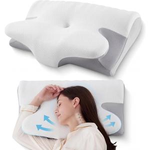 BDEUS Ergonomic Cervical Pillow for Side Sleepers, 2-in-1 Contour Orthopedic Memory Foam Pillow for Neck Shoulder Pain Relief, Sleep Apnea, Anti Snore, Pillow with Arm Rest, Head Cradle, White