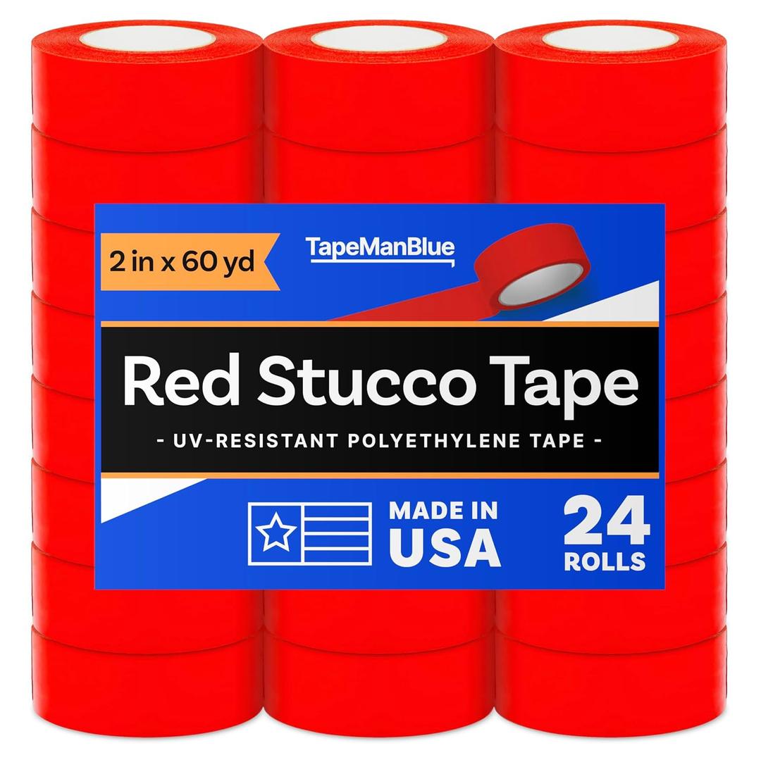 Red Stucco Tape, 2 inch x 60 yd, Case of 24 Rolls, Made in USA, Heavy Duty Red Poly Tape for Stucco, Concrete, Brick, Rough Surfaces, and Hanging Poly Sheeting, UV Resistant, Clean Removal