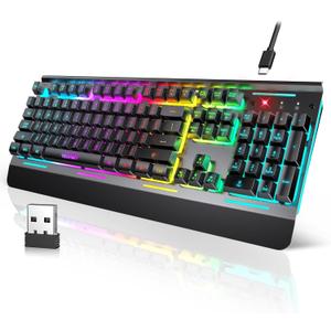 TECKNET Wireless Gaming Keyboard, 2-in-1 (2.4G Wireless & Wired) Computer Keyboard, 15-Zone RGB Keyboard, 4000mAh Rechargeable Battery, Metal Panel, PC Gaming Keyboards (Whisper Quiet Gaming Switch)