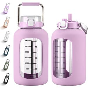 MUKOKO 100oz Glass Water Bottle with Time Marker and Silicone Sleeve 3L Large Water Jug with Stainless Steel Handle Gallon Drinking Bottle with 2-in-1 Lid Wide Mouth BPA Free, Purple