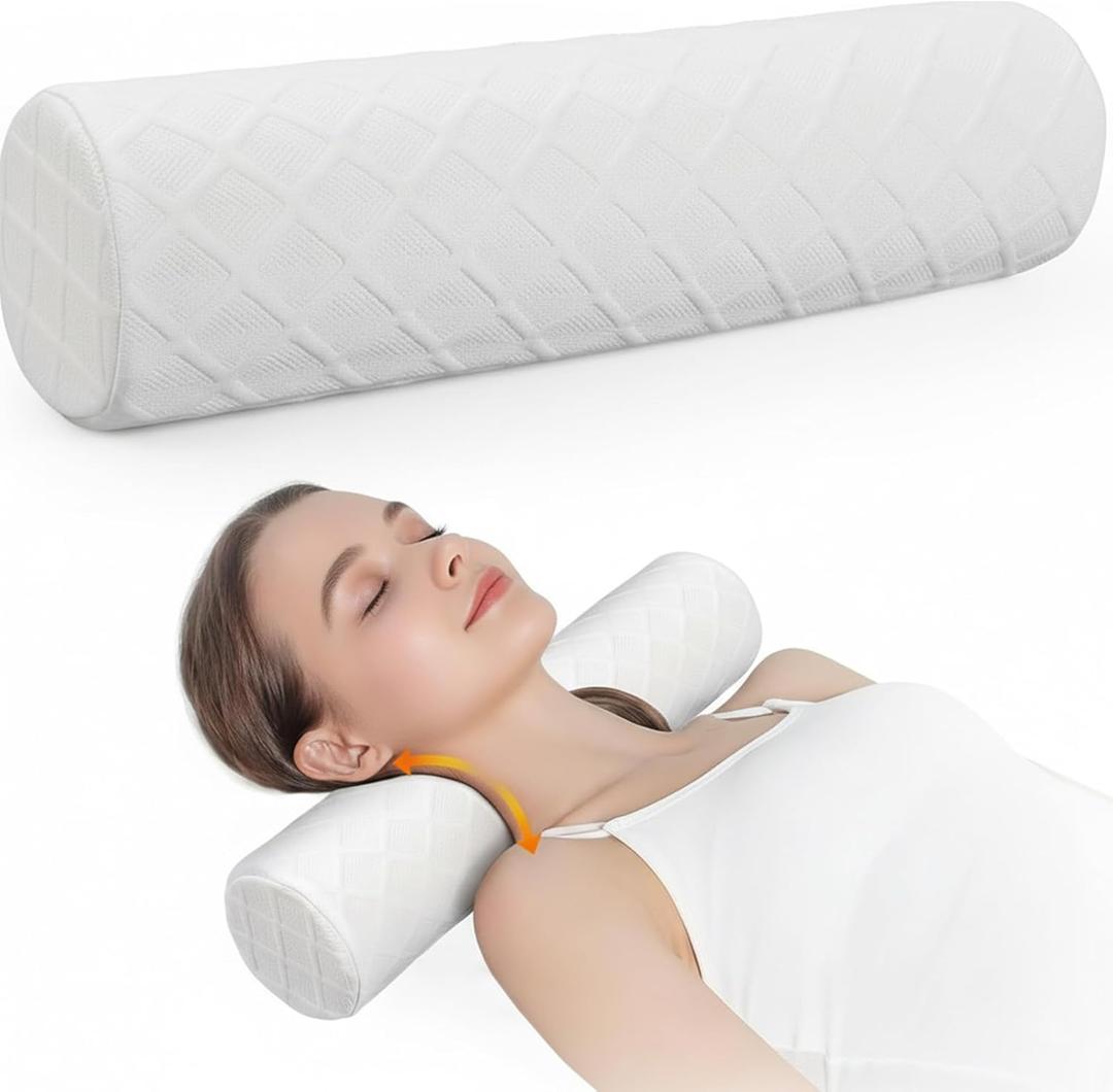 Cervical Memory Foam Neck Roll Pillow Support Pillows for Sleeping 3.9in H Small Round Circle Pillow Cylinder Pillows for Neck Back Lumbar Leg Yoga Pain Relief (White M)