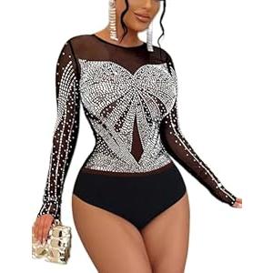 SEBOWEL Women Sparkly Bodysuit Mesh Long Sleeve Body Suits Sexy Rhinestone Tops Bodycon See Through Romper Jumpsuit, Black, Medium