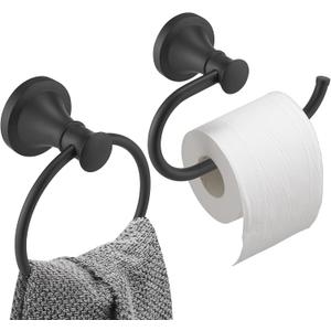 Hoimpro Matte Black Bathroom Bar Set, Wall Mounted Bathroom Hardware Fixture Tissue Roll Holder Towel Rack (Hand Towel Ring, Toilet Paper Holder), 2 PCS Bathroom Accessories, Stainless Steel