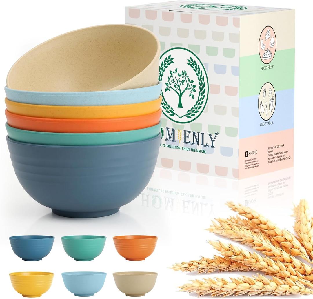 Homienly Wheat Straw Bowls Unbreakable Cereal Bowls for Kitchen, Camping, RV, Plastic Bowls Set of 6 Microwave and Dishwasher Safe Breakfast Bowl (26oz, Multi)