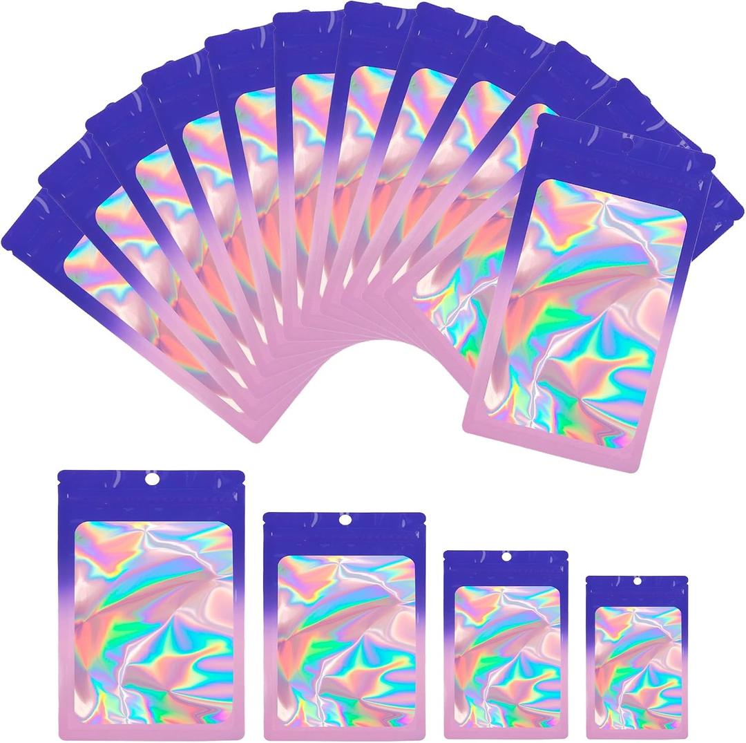 100 PCS Holographic Resealable Foil Mylar Pouches, Food Safe Storage Bags for Jewelry, Candy, Snack & Small Business Sample Packaging(4.1"x5.9", Blue Purple)