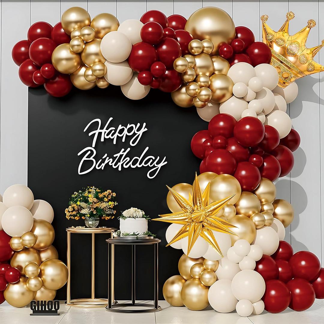 Queen Crown Balloon Arch Kit  Burgundy & Gold Balloon Garland Kit for Birthday, Princess Party & Royal Decorations  100 Pcs Balloons Set with Gold Star Foil