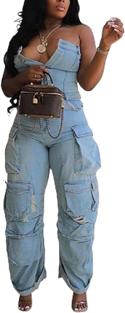 Tbahhir Women's Sexy Off Shoulder Tube Denim Cargo Jumpsuits Wide Leg Baggy Loose Jean Pants Rompers Overalls 3XL