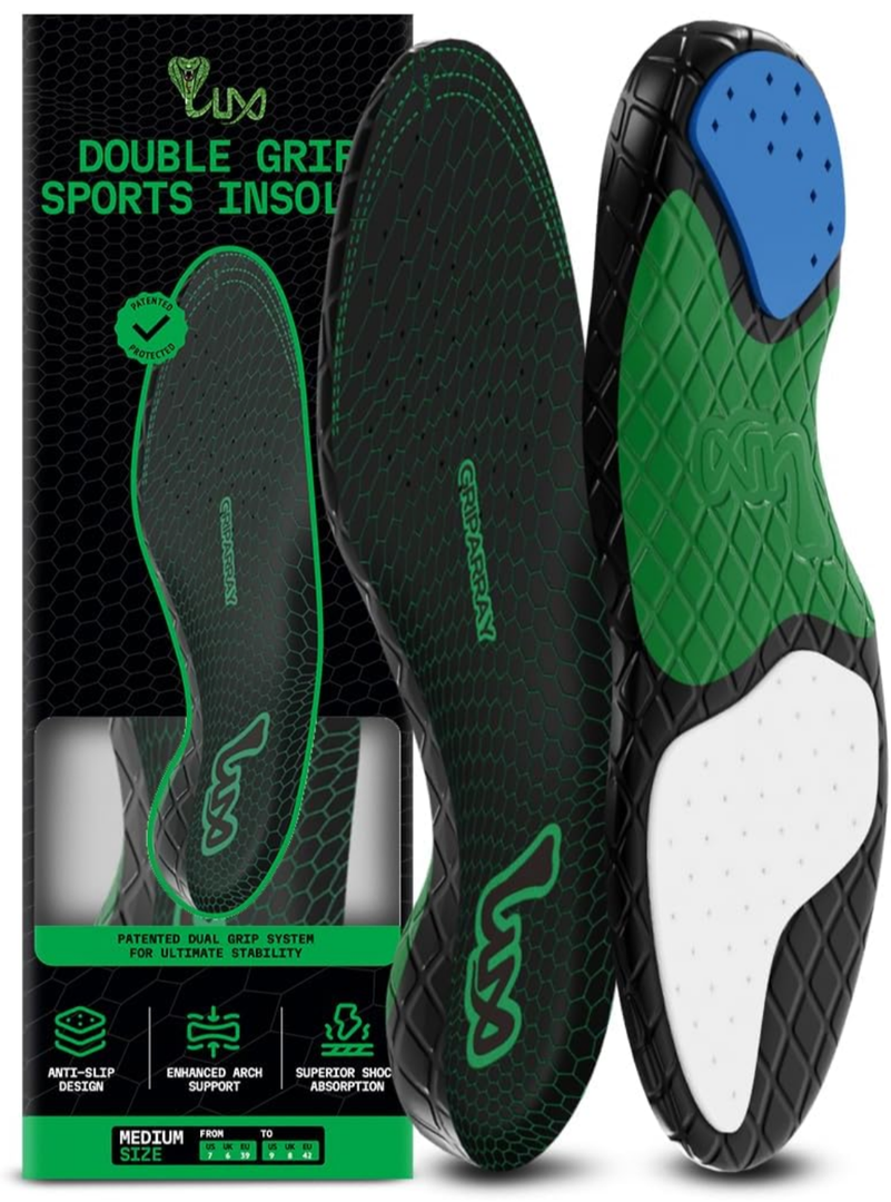 LUX Dual Grip Sports Insoles with GripArray - Easily Trimmed to Fit Any Foot Shape - Shock Absorbing Athletic Performance Sport Insoles - Shoe Inserts for Women & Men's Soccer, Running, Basketball, Medium (Men 8-9,5 / WM 9,5-11)