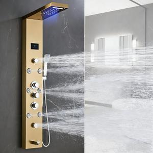 LED 5-in-1 Shower Panel Tower System,Brushed Gold | 304 Stainless Steel Shower Panel Tower Column with Powerful Body Jets, Rainfall, Waterfall,Handheld and Tub Spout