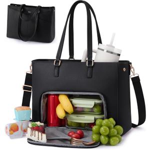 LOVEVOOK Lunch Tote Bag for Women, 3 in 1 Work Bag with Insulated Lunch Compartment, Laptop Bag with Large Cup Holder for Office, College, Casual, Black