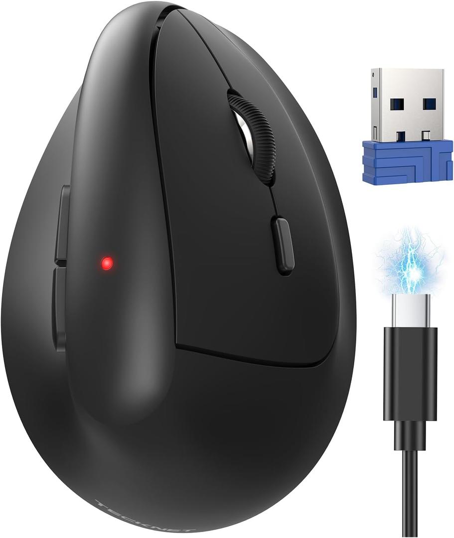 TECKNET Ergonomic Mouse, Wireless Bluetooth Vertical Mouse (BT5.3/3.0 & 2.4G) Rechargeable 4800 DPI Optical Mouse with 6 Adjustable DPI, Quiet Clicks, USB A Receiver, 6 Buttons - Wide Compatibility