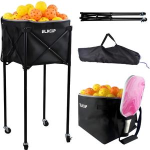 ELKCIP Portable Pickleball & Tennis Ball Hopper with Wheels, Foldable Sports Balls Teaching Cart, Lightweight Softball Caddy, Large Capacity Baseball Basket Carrier for Training, Large