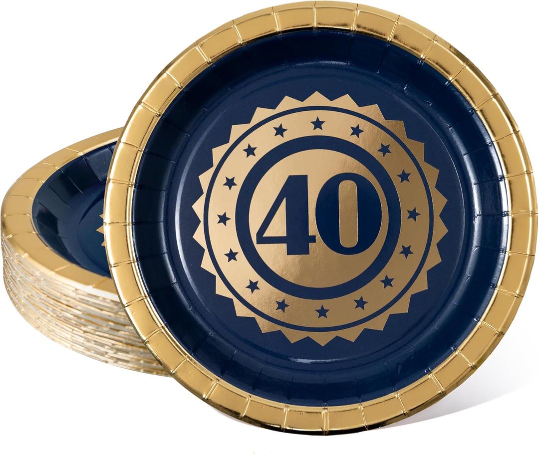 Cheerland 24 Pcs 40th Disposable Party Paper Plates for Blue and Gold Milestones Birthday Celebration Party Supplies and Decorations, Medium