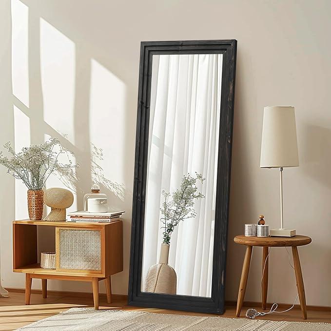 ABSWHLM 58x22in Full Length Mirror, 3-Tier Stepped Solid Wood Frame, Black