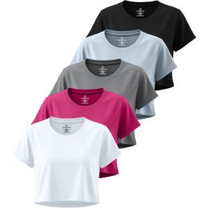 Real Essentials 5 Pack: Women's Dry-Fit Crop Top Short Sleeve Shirts Workout Gym Cropped Athletic Tee (2X)