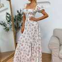 Women's Summer Puff Sleeve Floral Split Maxi Dress Flowy A Line Casual Beach Long Dresses 2026 (XL)