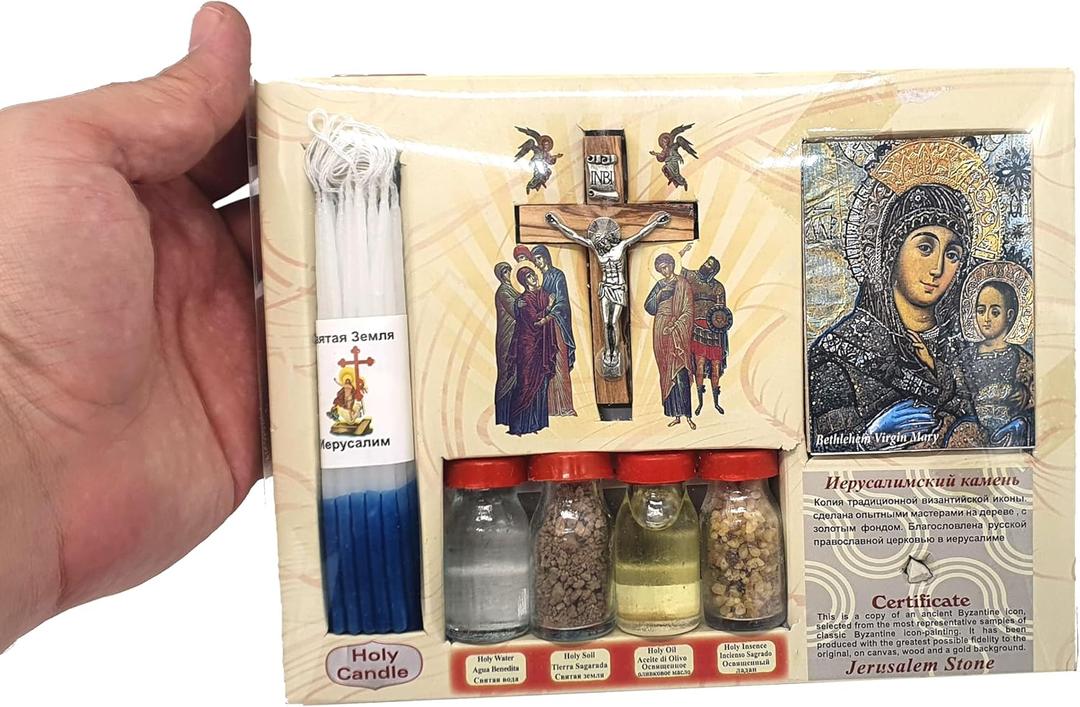 Zuluf Holy Land Blessing Set 8 in 1 with Original Certificate | Holy Water, Soil, Oil, Cross, Incense, Candle & Icon Big Jerusalem Set from The Holy Land Israel | Religious Holy Land Gift