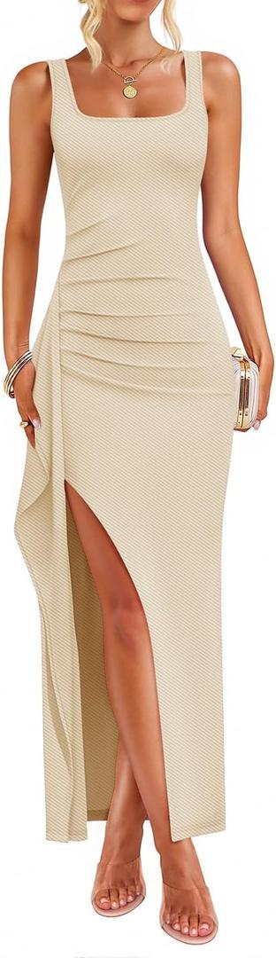 ZESICA Women's Sleeveless Formal Maxi Dresses 2025 Summer Ribbed Square Neck High Split Party Bodycon Long Dress (Apricot), S