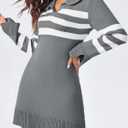 Saodimallsu Womens Striped Sweater Dress V Neck Collared Long Sleeve Slim Fit Ribbed Knit Trendy Mini Dresses (Small, Gray)