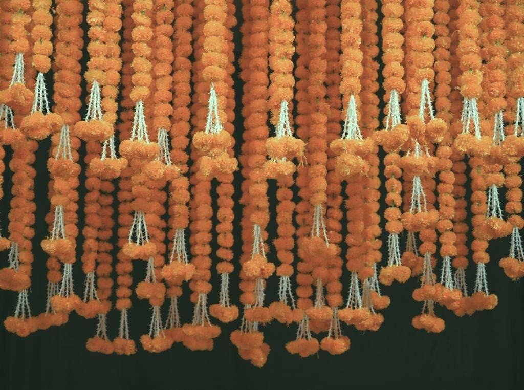 5 PC - 5 feet Orange Marigold Garland |Indian/American Wedding Party Mantle Decoration, Faux Garlands Wedding Garland, Diwali Decoration, Spring Bush Floral! (Golden Yellow (Light Orange))