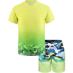 Boys Rash Guard Swimsuits Set for Boys 2 Piece Short Sleeve Swim Shirts Quick Dry Bathing Suits with Trunks (8-10 Years, Yellow Camo Surfing)