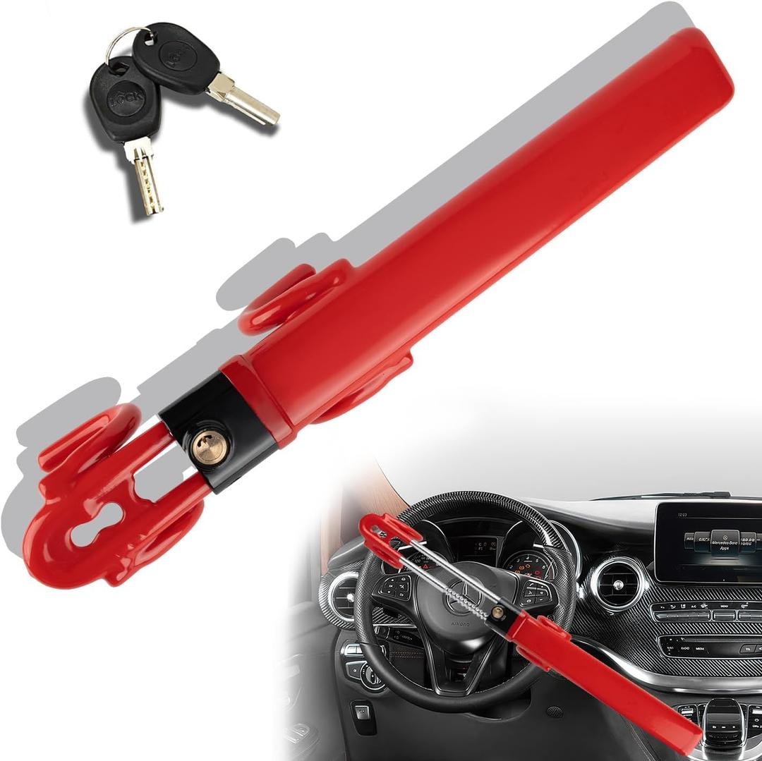 Steering Wheel Lock for car Universal Adjustable Length Anti-Theft Device Car Locks Double Hook Locks for Car SUV Pickup Truck Van(Red)