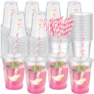 Jingmore 100 Pcs One Silly Goose Birthday Party Disposable Plastic Cups with Lids Straws 16 oz Cute Goose Decorations for Birthday Baby Showers Decorations Party Supplies (Pink)