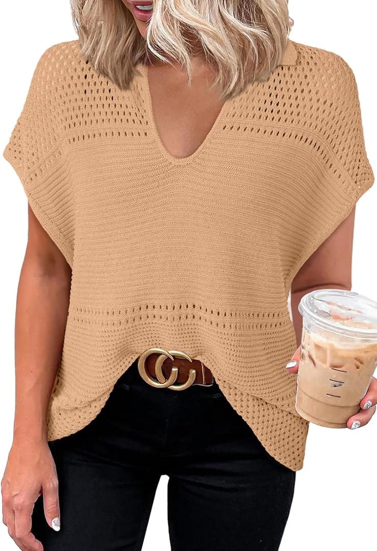 Dokotoo Womens Tops 2026 Summer Spring Casual V Neck Short Sleeve Sweater Crochet Tops Casual Dressy Blouses (Beige, XL)