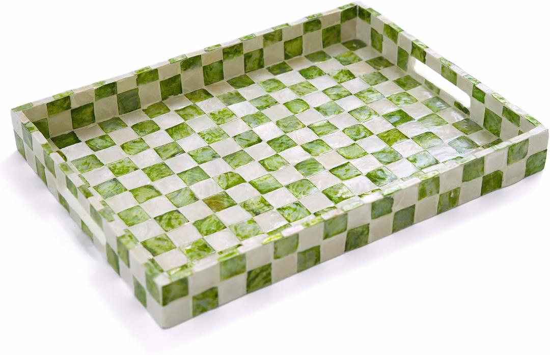 CHI AN HOME 15.8" x 11.8" Decorative Rectangular Tray with Natural Capiz Shells, Checkered Tray with Handles, Serving Tray for Ottoman, Coffee Table, Kitchen Counter Home Decor (Pistachio Green)