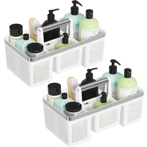 BYUNER 2Pack Plastic Shower Caddy: Portable Shower & Bathroom Caddy Tote with Handle, 4 Divided Compartments, Hard Plastic Shower Basket with All-Side Drainage for College Dorm Room Essentials
