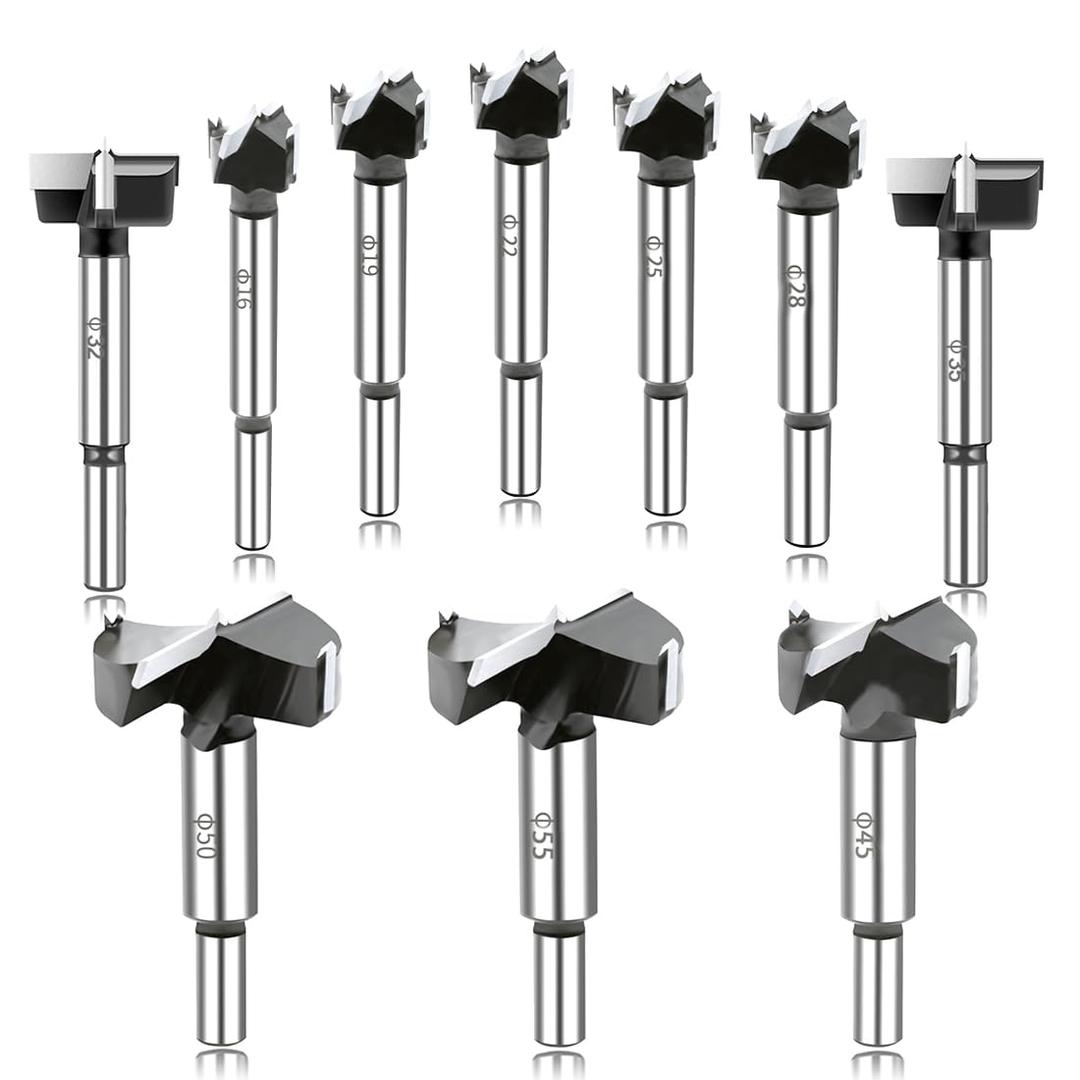 Forstner Drill Bit Set,10PCS Carbide Tipped Forstner Bit for Hard Wood, Wood Drilling Hole Saw Set Woodworking Hinge Cutter Tool Kits for Plastic Plywood