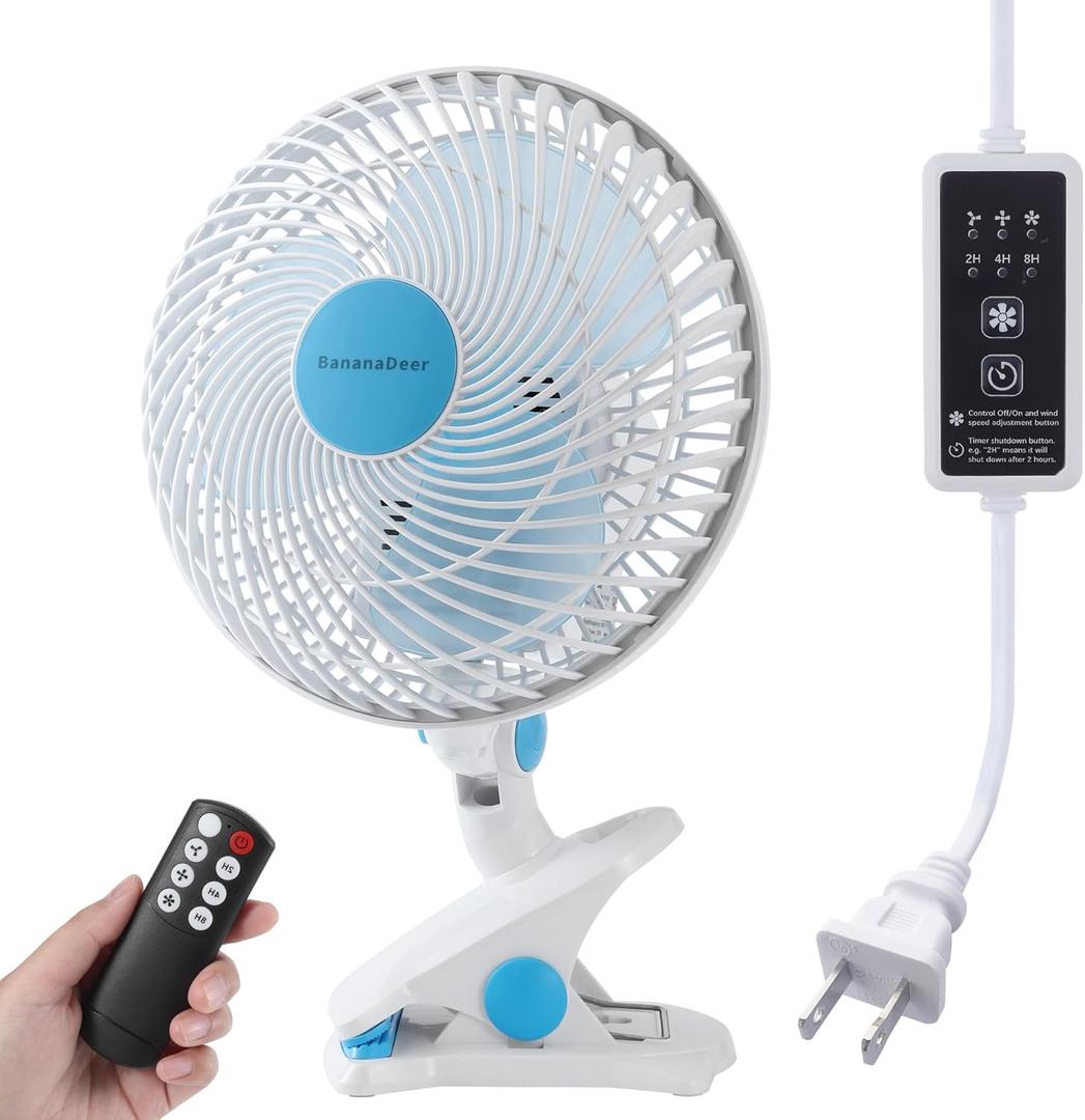 Oscillating Clip on Fan 9-Inch With Remote control, Portable Desk Fan Adjustable Tilt, w/Sturdy Clamp,3 Speed, 3 Timer, Shaking Fan for Home Office Dorm Table Bedroom Kitchen with 5FT Cord